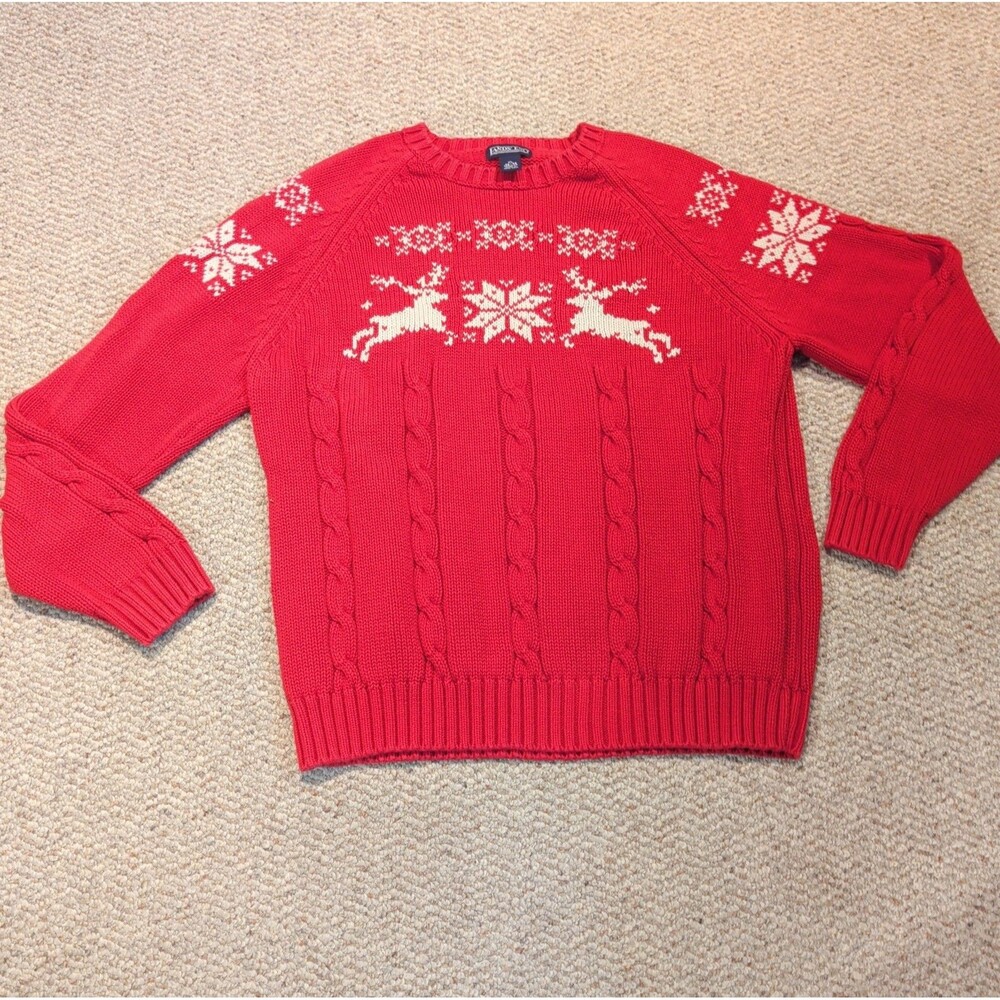 Vintage Lands End Fair Isle Reindeer Sweater Men XL Red Christmas Holiday Cotton